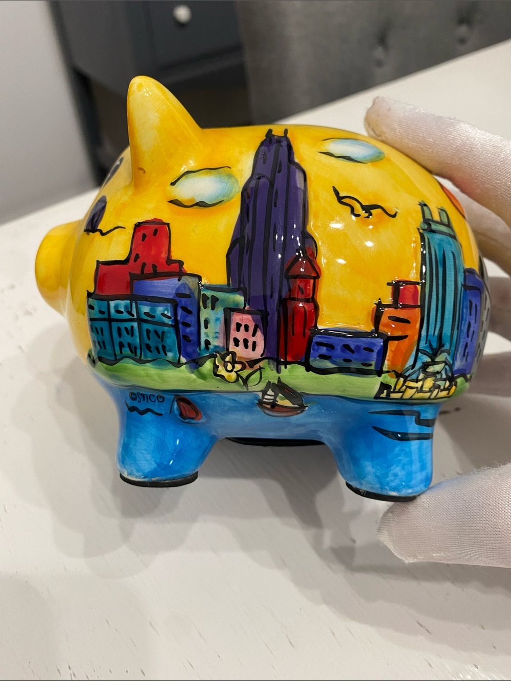 Vintage Ceramic Hand-Painted Yellow Chicago Cityscape Skyline Piggy Bank - Picture 11 of 16
